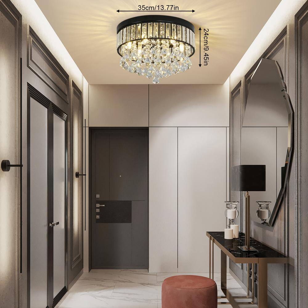 13.77 in. 6-Light Black Modern Round Flush Mount Ceiling Light with Clear Crystal Shade and No Bulbs Included - Hercitys