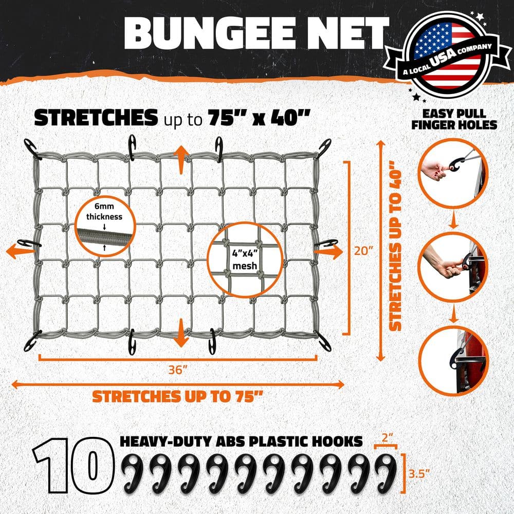20 in. x 36 in. Heavy-Duty Gray Bungee Cargo Net – Stretches to 42 in. x 74 in. - Hercitys