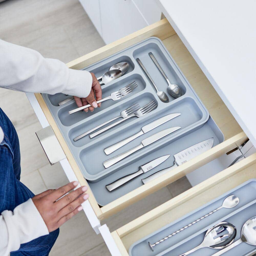 12.02 in. x 15 in. x 2.06 in. Gray Expandable Plastic Cutlery Tray - Hercitys