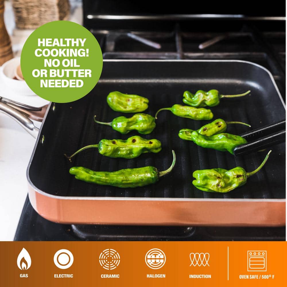 10.5 in. Copper Cast Textured Surface Aluminum Non-Stick Grill Pan - Hercitys