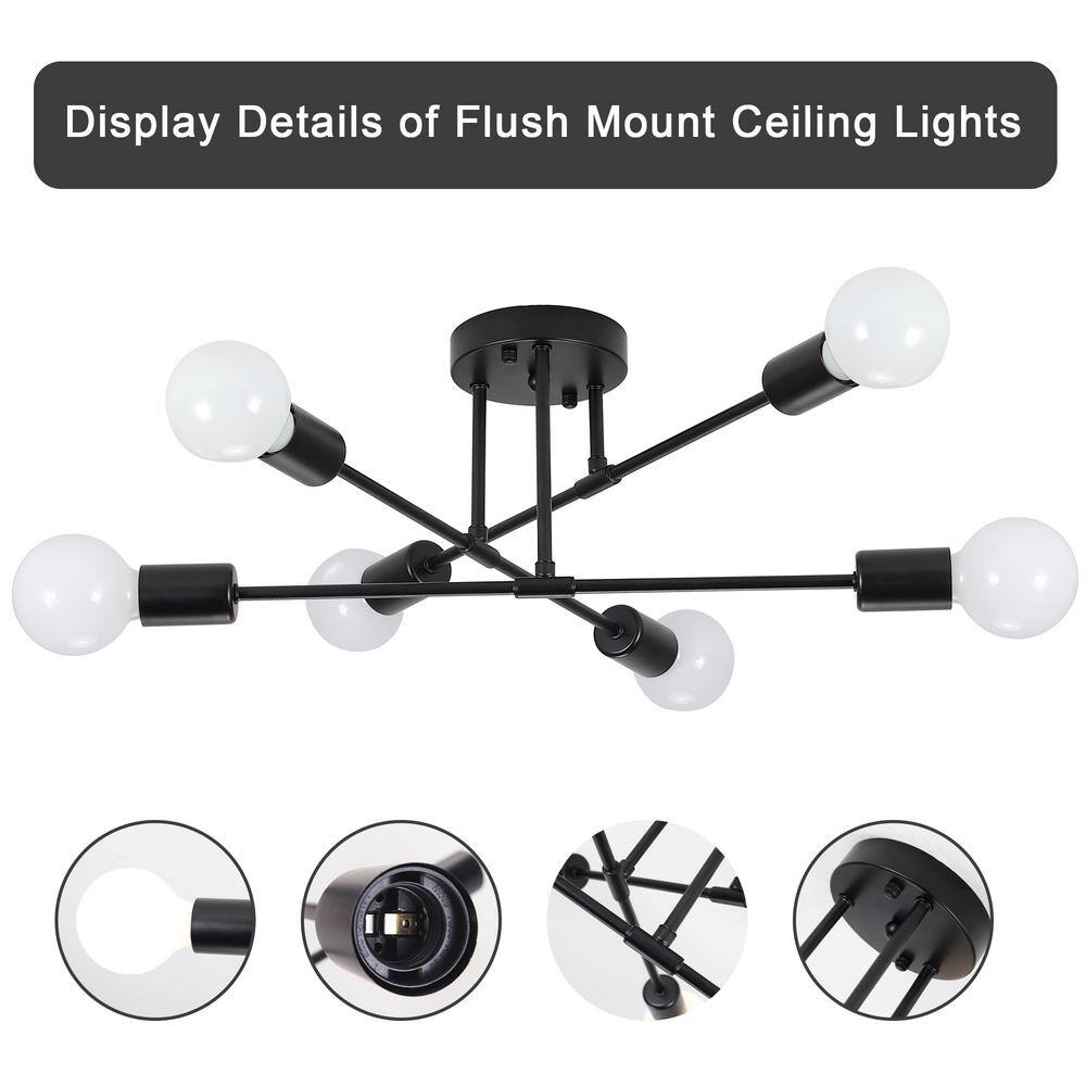 20.66 in. 6-Light Black Sputnik Modern Semi-Flush Mount Ceiling Light - Hercitys