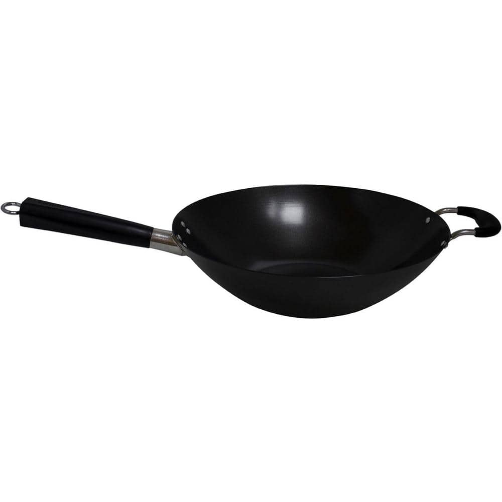 14 in. Carbon Steel Nonstick Wok w/ Bakelite & Triangle Handle, Excellent Heat Distribution Electric Stovetop Compatible - Hercitys