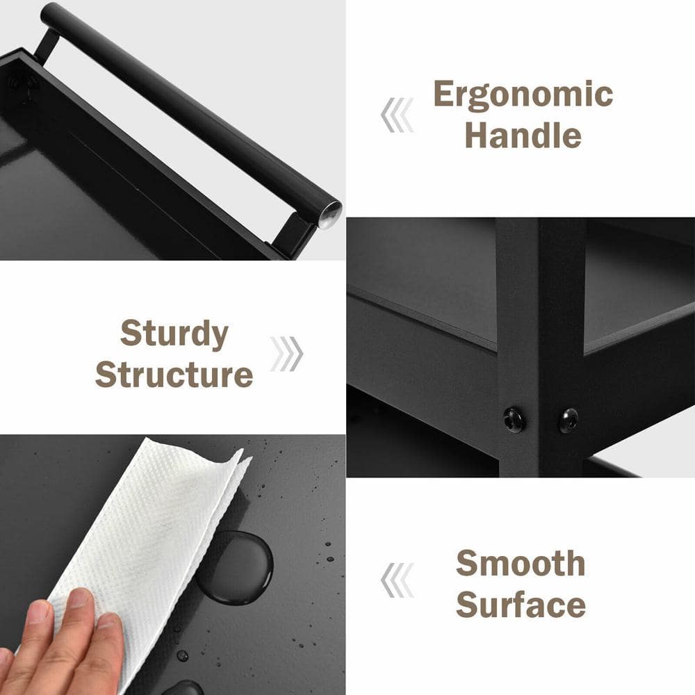 3-Tier Black Rolling Utility Kitchen Cart on Wheels with Steel Frame and Four Wheels - Hercitys