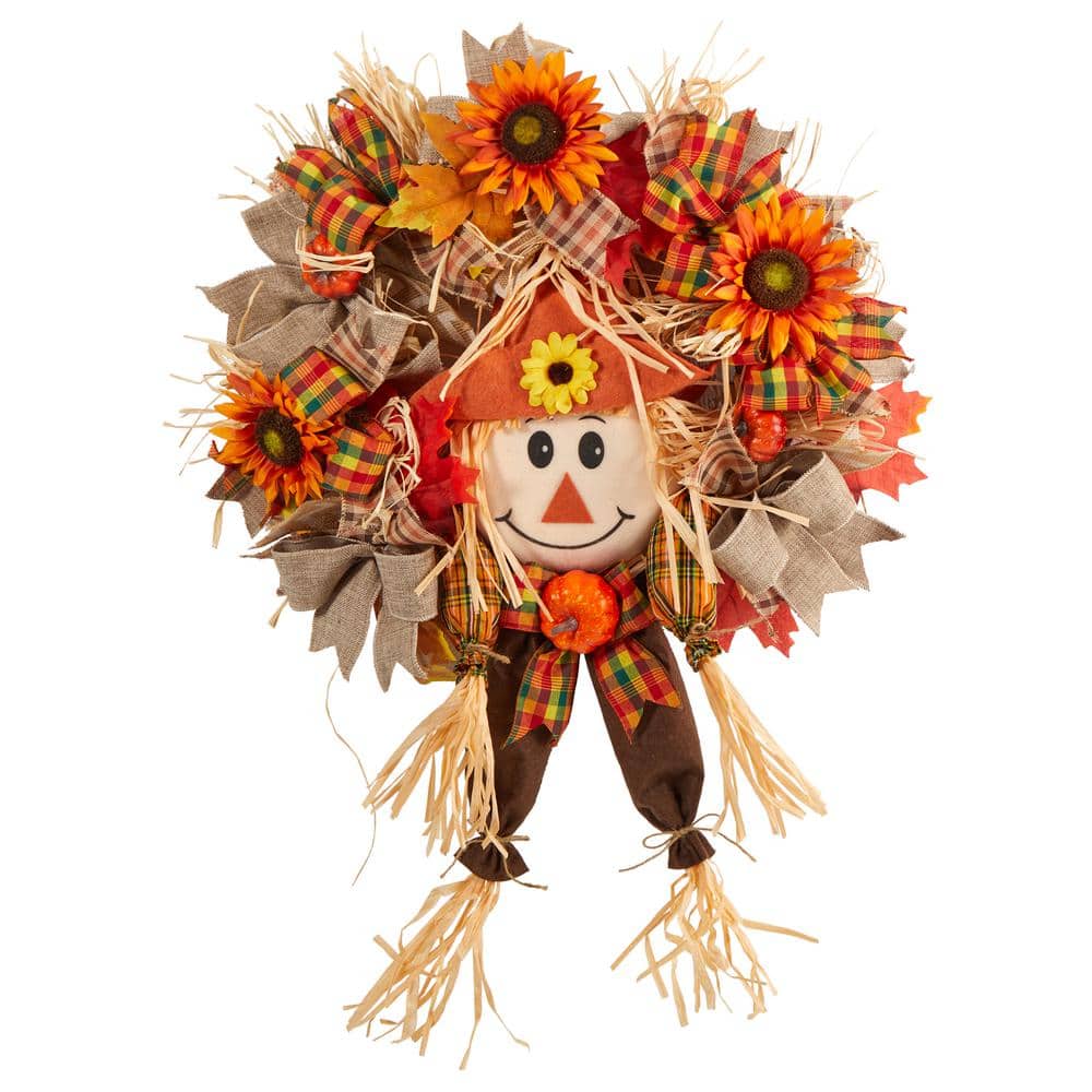 30 in. Orange Scarecrow Fall Artificial Autumn Wreath with Sunflower, Pumpkin and Decorative Bows - Hercitys