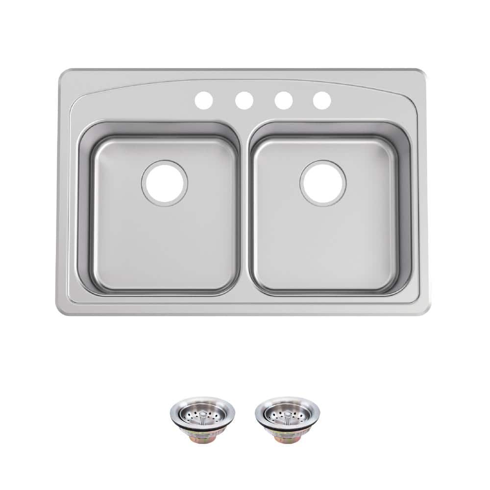 33 in. Drop-In 50/50 Double Bowl 20 Gauge Stainless Steel Kitchen Sink with Accessories - Hercitys