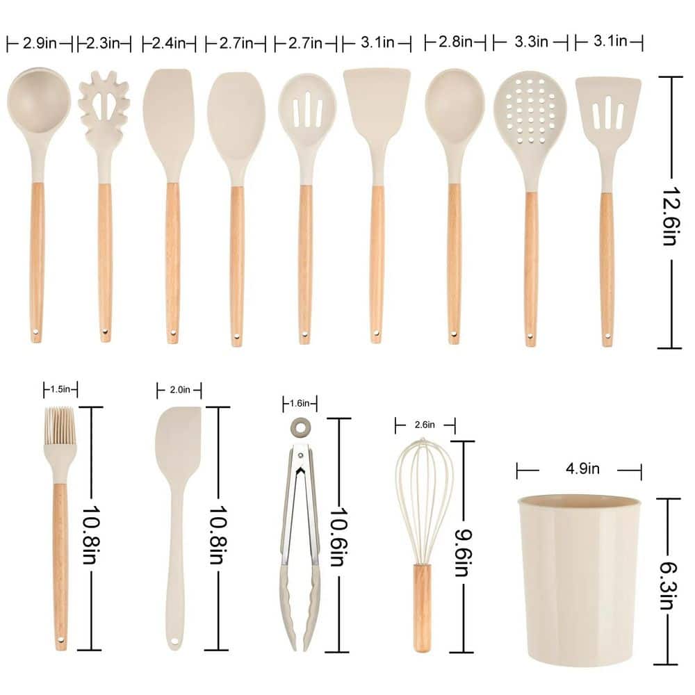 14-Piece Kitchen Cooking Tools Utensil Set with Caddy, Wooden Handle, Nonstick Silicone and Heat-Resistant, Beige - Hercitys