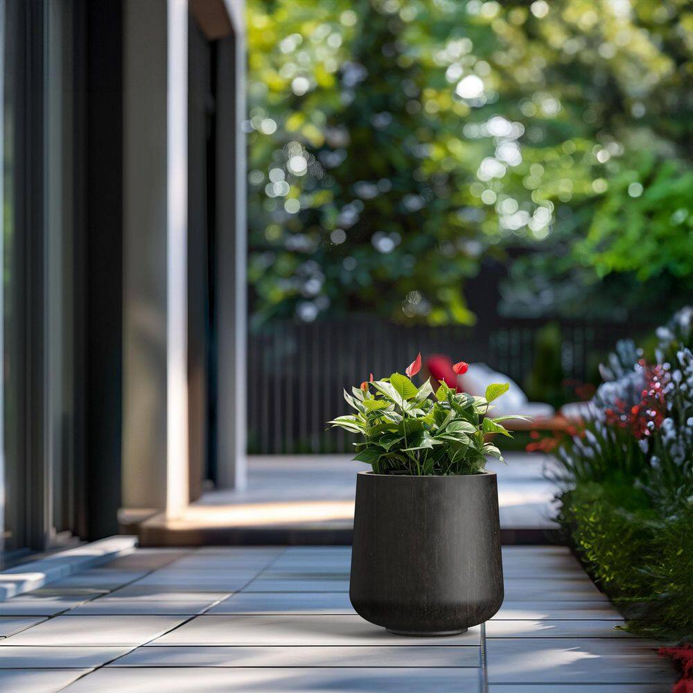 13 in. Medium Bronzed Black Concrete Round Planter / Pot with Drainage Holes - Hercitys