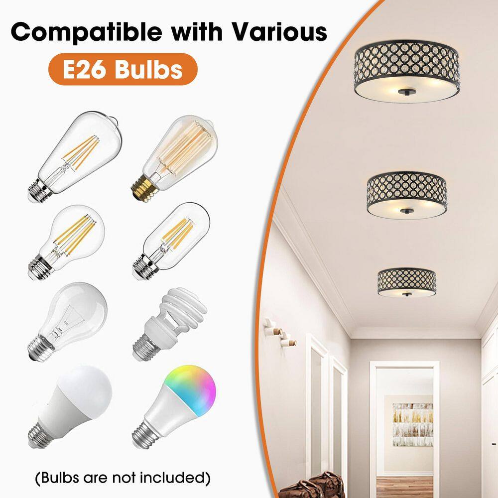 14 in. 3-Light Black Drum Flush Mount Crystal Ceiling Light with Clear Inner Shade - Hercitys