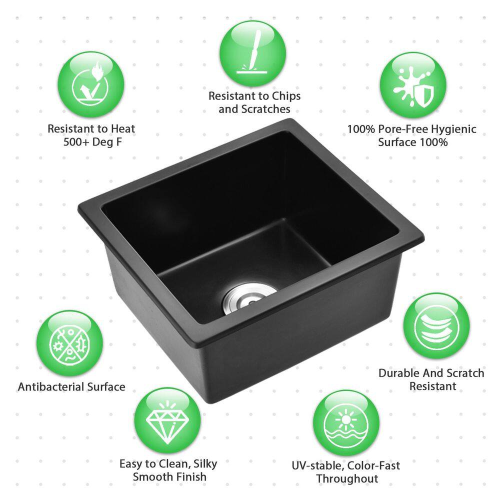 18 in. Undermount Single Bowl Matte Black Quartz Kitchen Sink with Basket Strainer - Hercitys