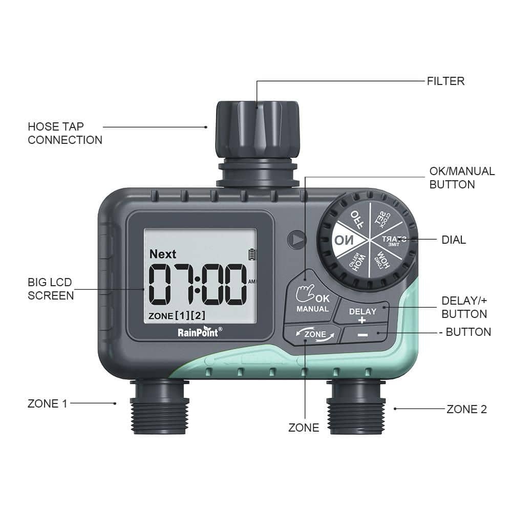 2 Zone Water Timer for Garden Hose-Sprinkler Timer w/ Rain Delay and Manual / Automatic Irrigation Controller System - Hercitys