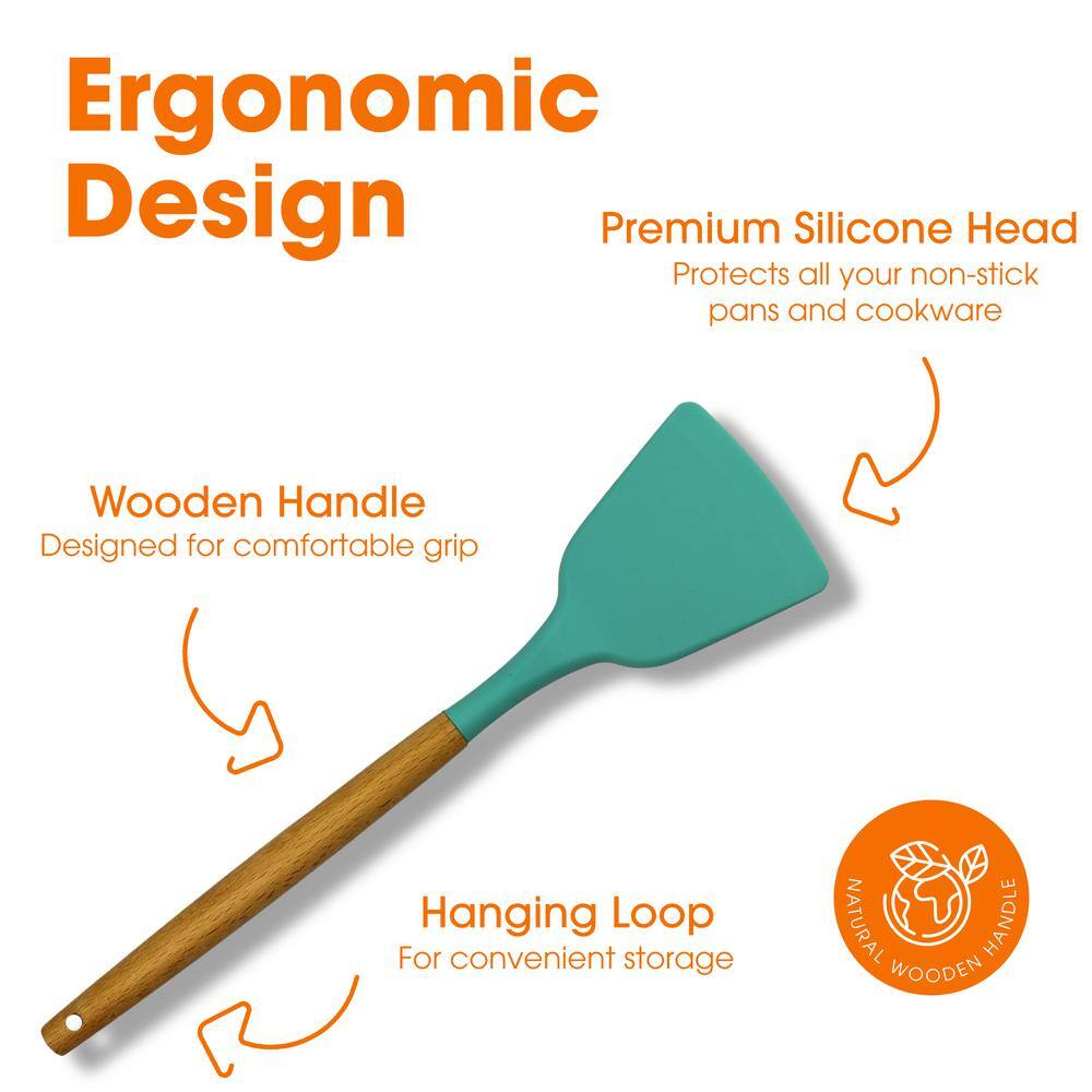 12-Piece Aqua Silicone Utensil Spatula Set with Wooden Handles - Hercitys