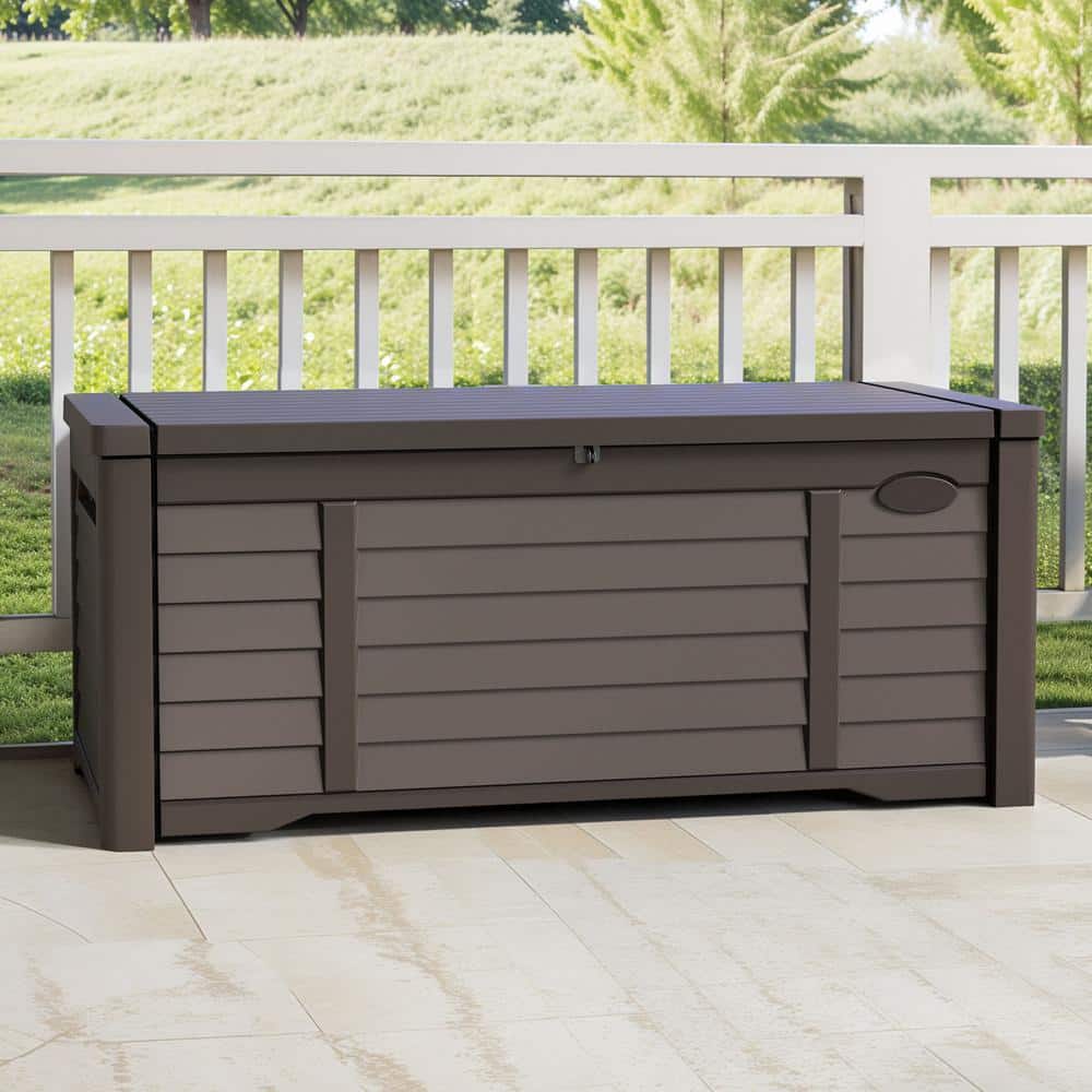 120 Gal. Water Resistant Resin Lockable Deck Box, Outdoor Storage For Patio Lawn and Garden, Brown - Hercitys