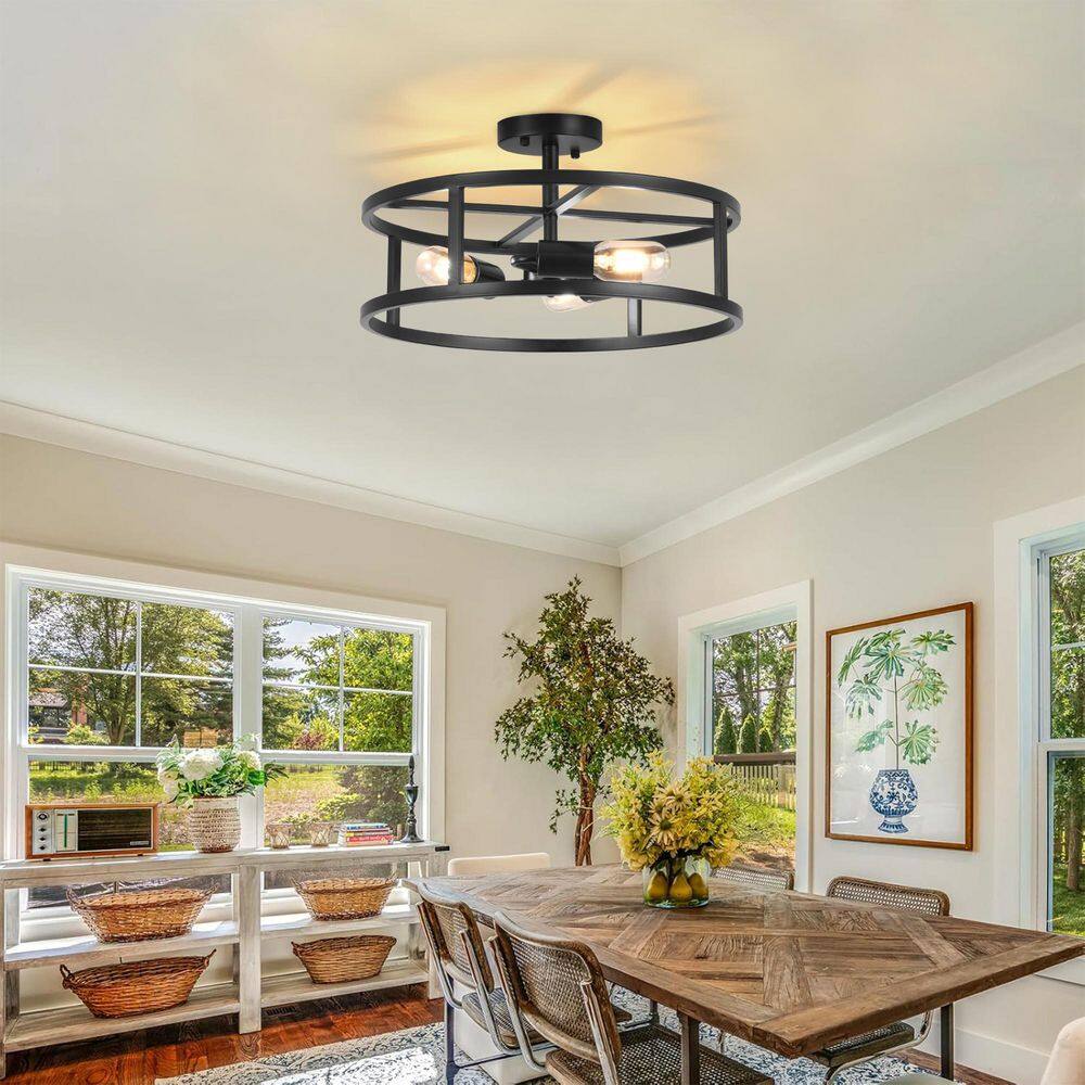 16.5 in. 3-Light Black Drum Semi Flush Mount Ceiling Light with No Bulbs Included - Hercitys