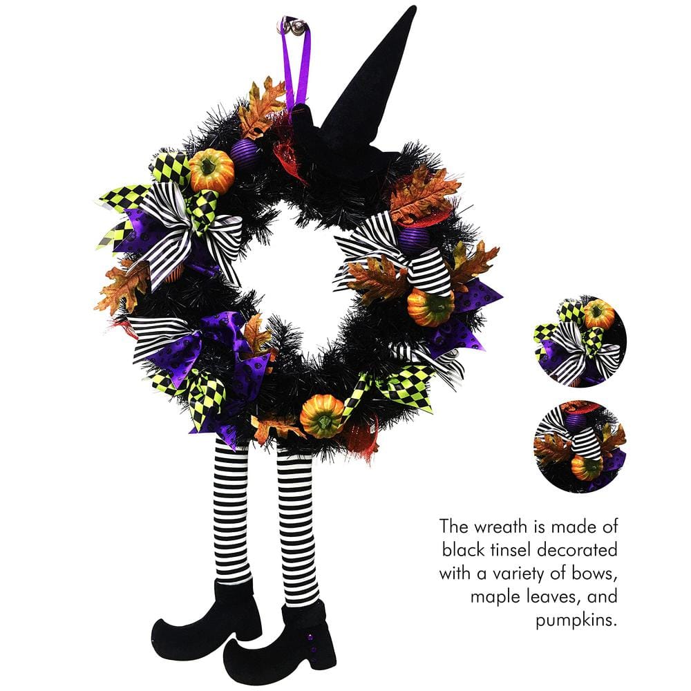 24″ Halloween Wreath-Black Hanging Artificial Witchy Decor with Pumpkins, Maple Leaves, Witch Hat &Legs Halloween Wreath - Hercitys