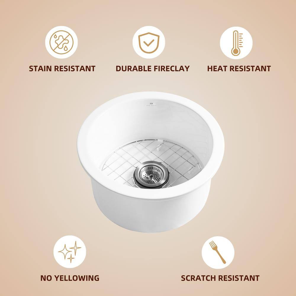18 in. White Kitchen Sink Undermount, Compact Round Single Bowl Fireclay Basin, Includes Grid and Drain Strainer - Hercitys