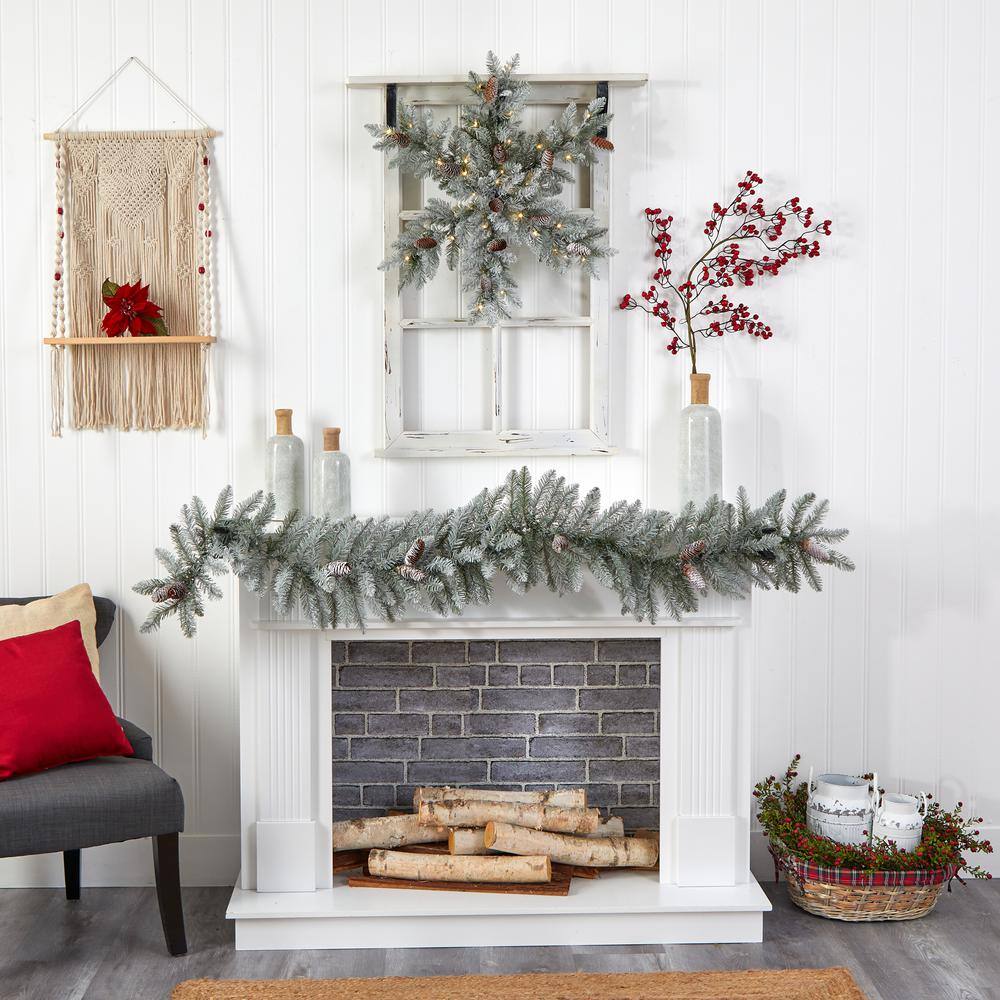 30in. Prelit LED Flocked Dunhill Fir Snowflake Artificial Christmas Wreath with Pinecones and 40 LED Lights - Hercitys