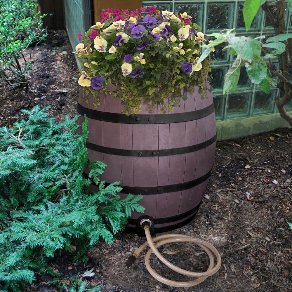 50 Gal. Brown Flat Back Whiskey Rain Barrel with Integrated Planter and Diverter System with Black Accent Bands - Hercitys