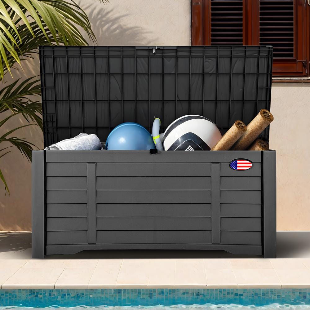 120 Gal. Water Resistant Resin Lockable Deck Box, Outdoor Storage For Patio Lawn and Garden, Black/Flag - Hercitys