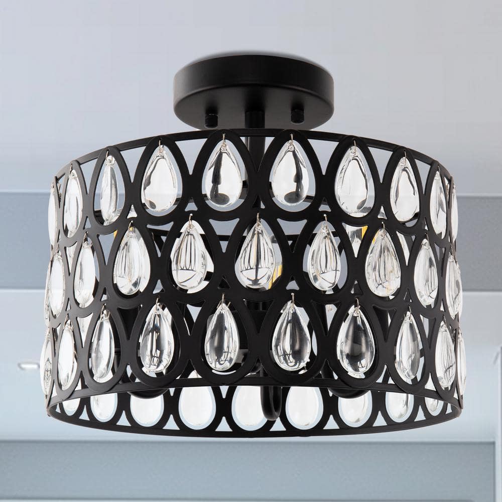 3-Light Matte Black Semi-Flush Mount Ceiling Light with Teardrop Crystal Accents, E12 Base, Bulbs Not Included - Hercitys