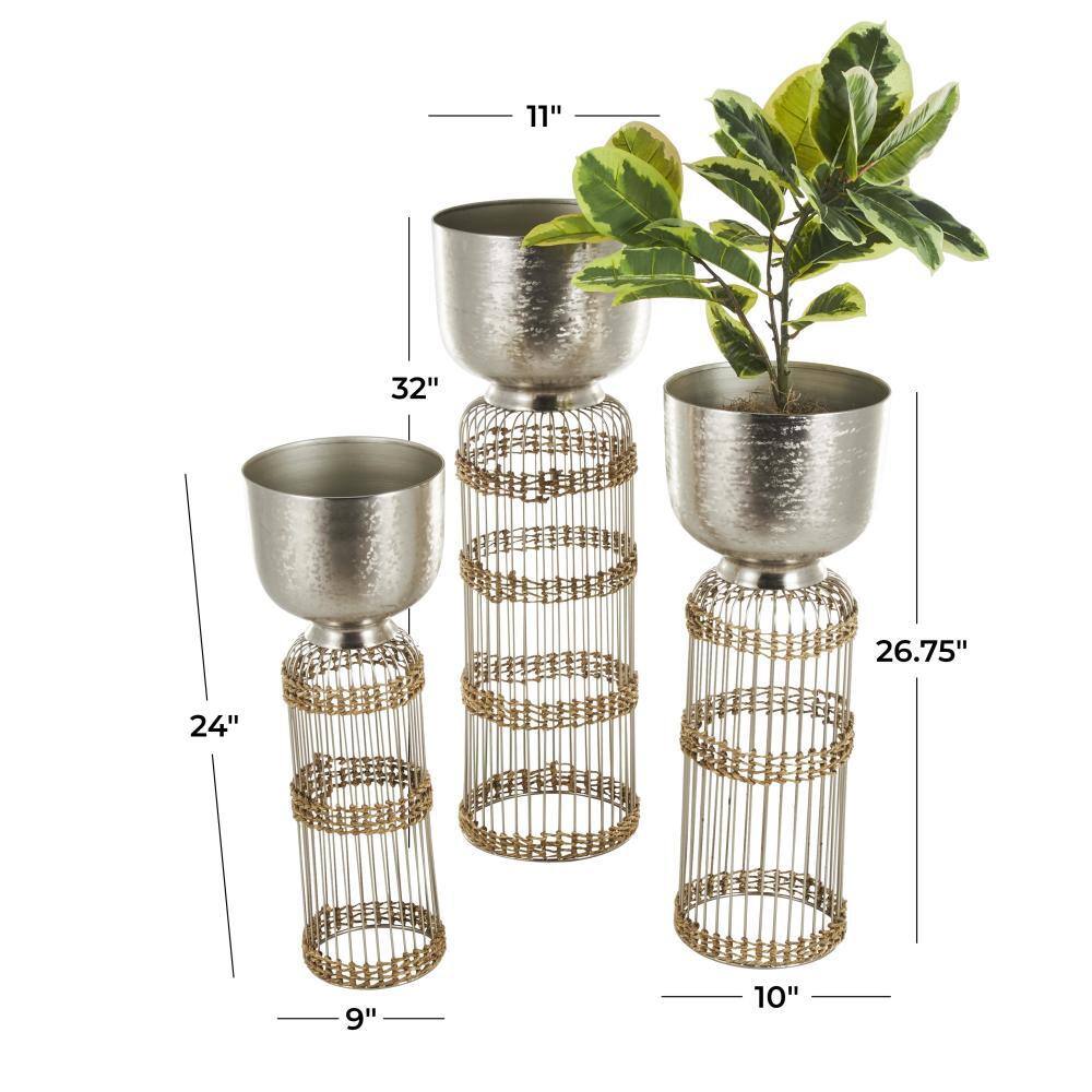 32 in., 27 in. and 24 in. Extra Large Silver Metal Textured Dome Planter with Seagrass and Caged Pedestal Base (3- Pack) - Hercitys