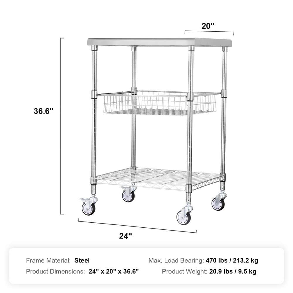 3-Tier Utility Cart Rolling Cart Silver Metal Kitchen Cart with Locking Casters 24″x 20″x 36.6″ 470 lbs. 6 Hooks - Hercitys