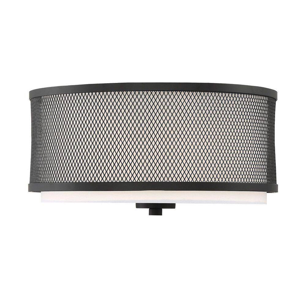 14.75 in. W x 6.25 in. H 3-Light Matte Black Flush Mount Ceiling Light with White Fabric Shade and Metal Mesh Frame - Hercitys