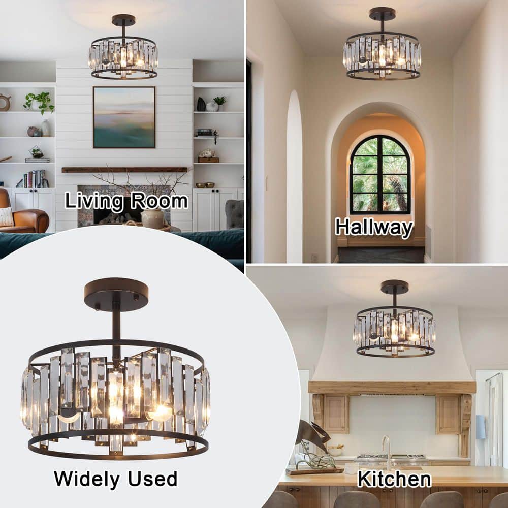 12.6 in. 3-Light Matte Black Semi Flush Mount Light with Clear Glass Shade - Hercitys