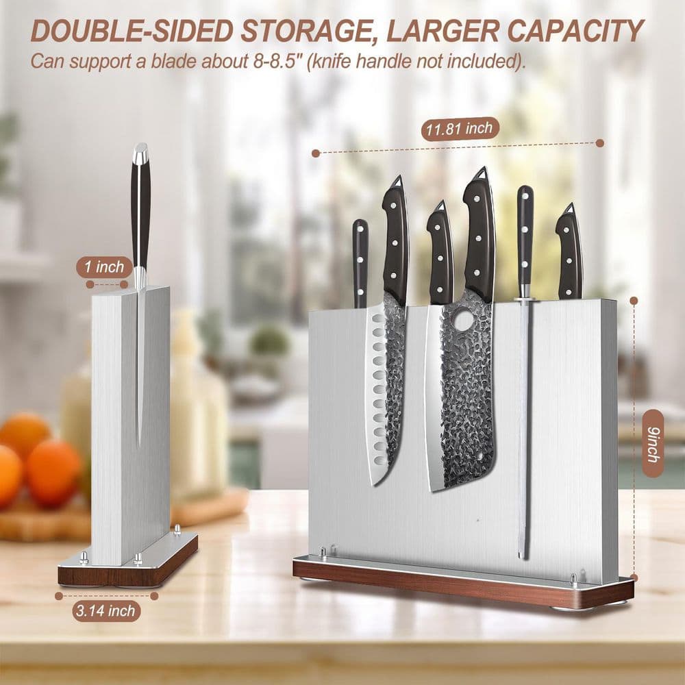 16-Knife Stainless Steel Magnetic Knife Block with Wood Base, Strong Double Sided Magnet Knife Storage Strip - Hercitys