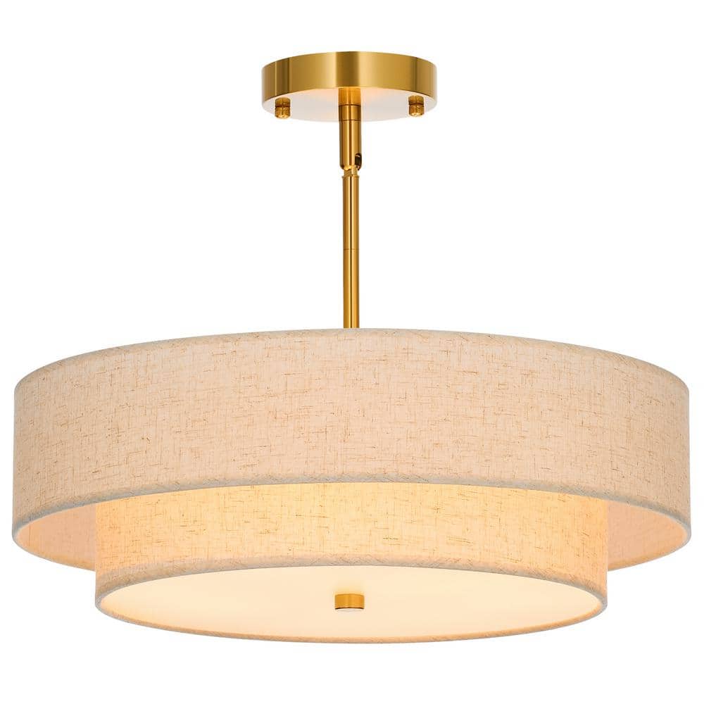 18 in. 4-Light Antique Brass Semi-Flush Mount Ceiling Light Fixture Drum Pendant Light with 2-Layer Fabric Shade - Hercitys