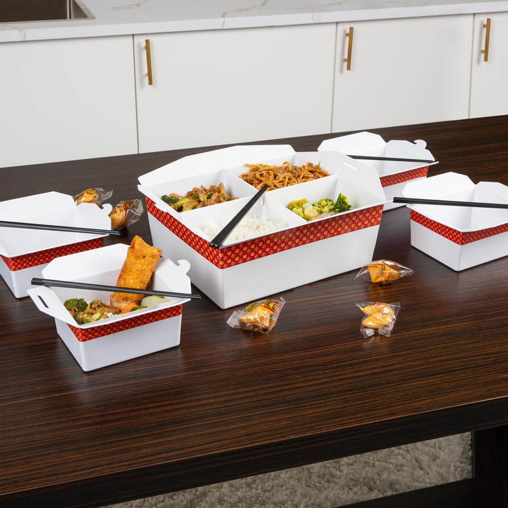 13 in. W x  5.5 in. H x 15 in. D Rectangle White Chinese Take Out Serving Set Divided Serving Tray Melamine Set of 5 - Hercitys