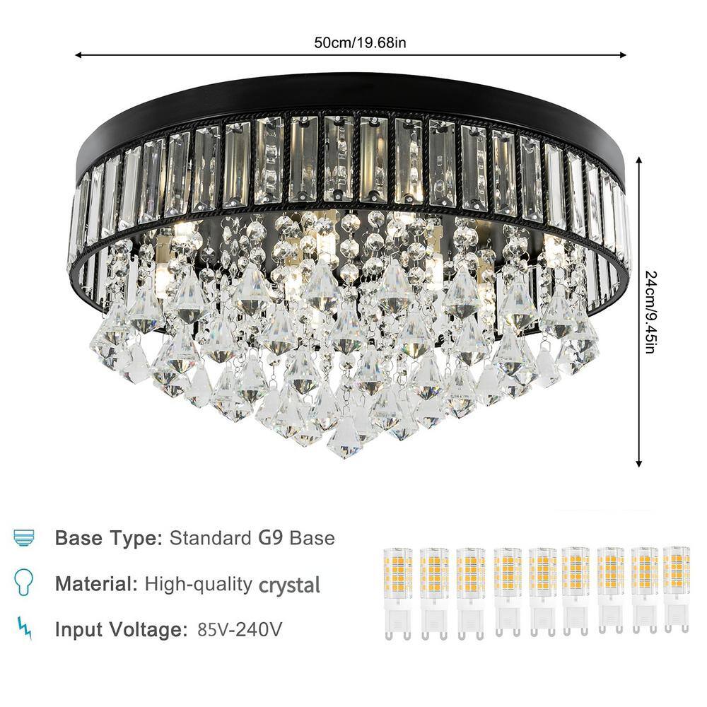 19.68 in. 9-Light Black Modern Round Flush Mount Ceiling Light with Clear Crystal Shade and No Bulbs Included - Hercitys