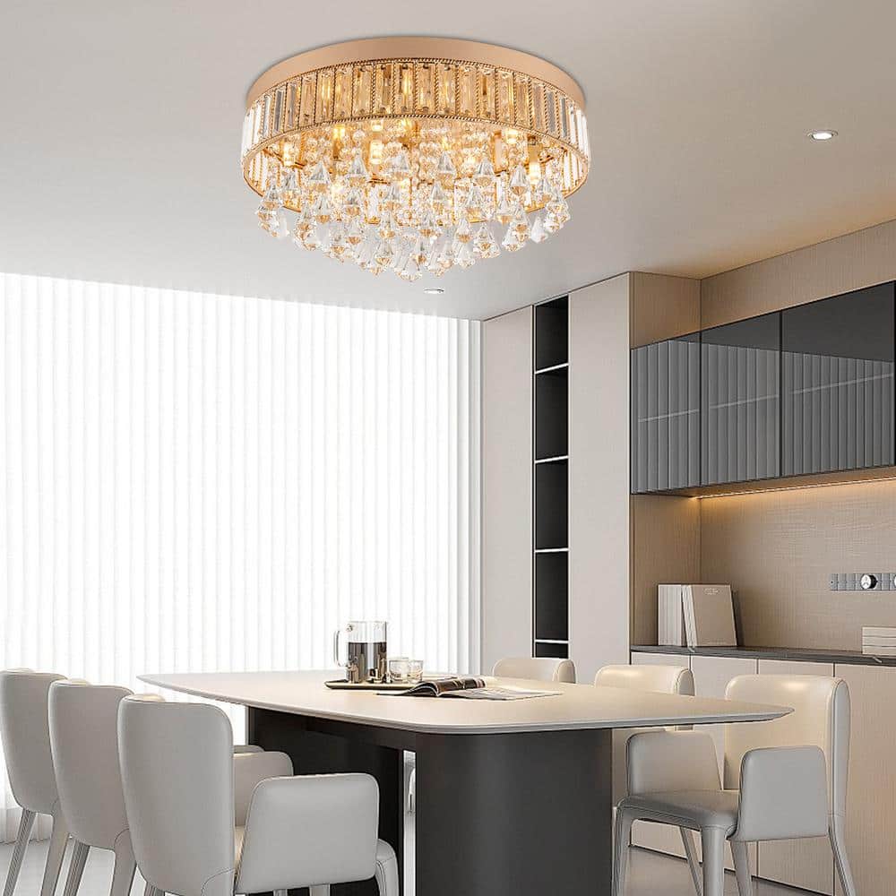 19.68 in. 9-Light Gold Modern Round Flush Mount Ceiling Light with Clear Crystal Shade and No Bulbs Included - Hercitys