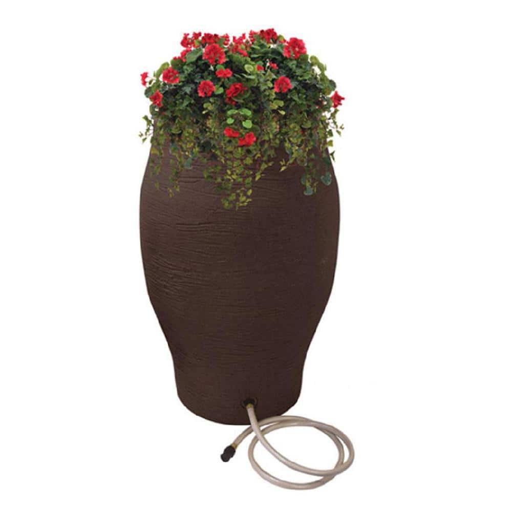 50 Gal. Earth Brown Water Urn Flat-Back Rain Barrel with Integrated Planter and Diverter Kit - Hercitys
