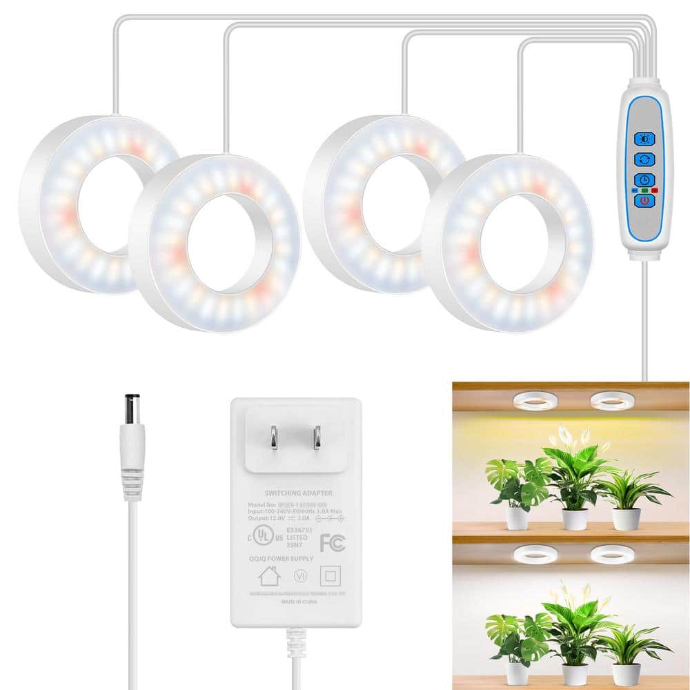 4-Heads Wall Mount Plant Grow LED Light Full Spectrum 6-16hrs Timer with Cable Clips for Tidy Setup for Small Plants - Hercitys