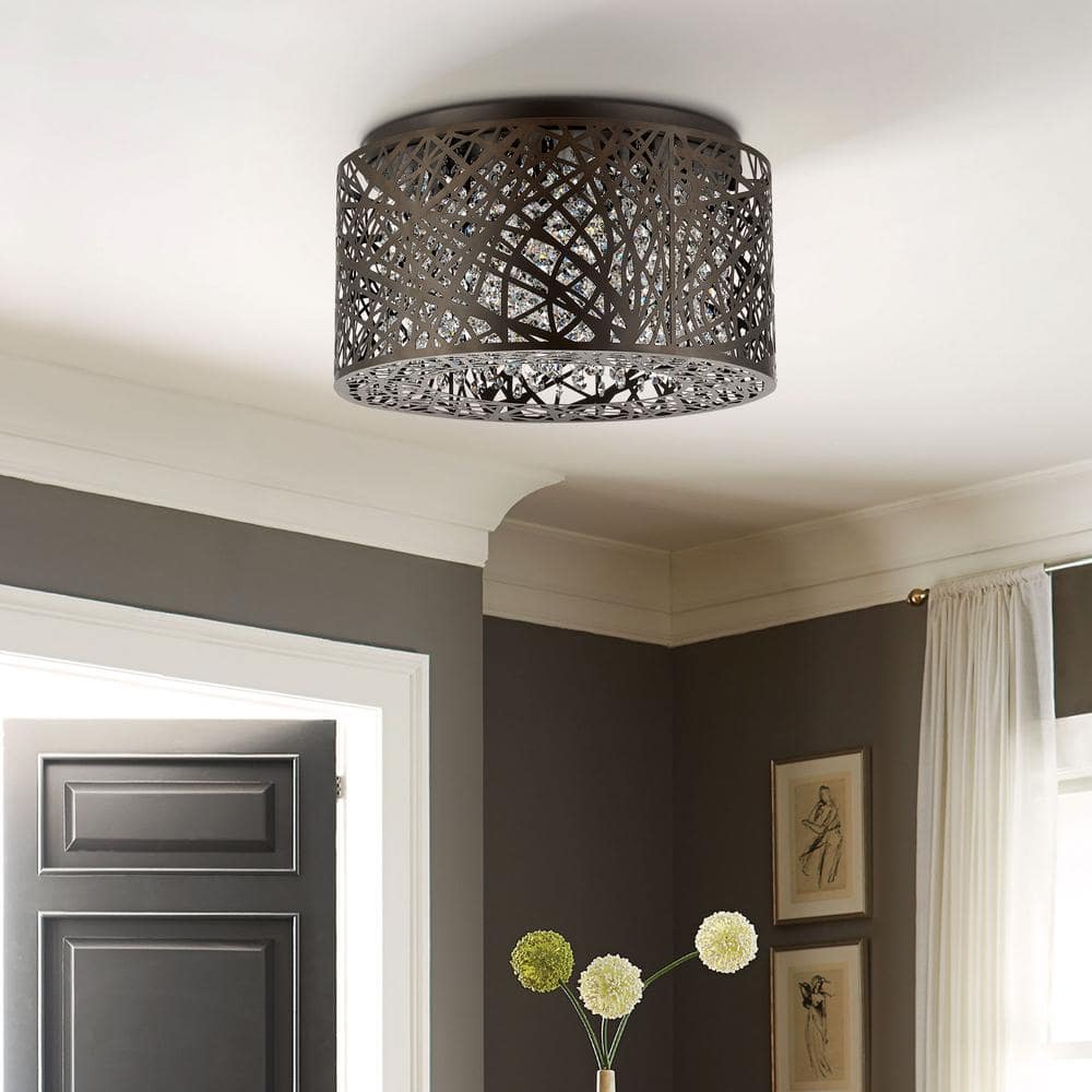 16 in. 7-Light Black Drum Flush Mount Crystal Chandelier with Nest Shaped Shade - Hercitys