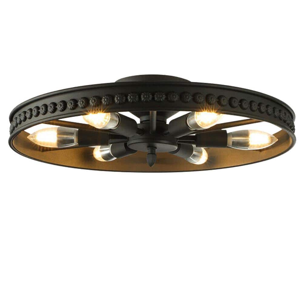 18 in. 6-Light Black Industrial Wagon Wheel Rustic Flush Mount Ceiling Light - Hercitys