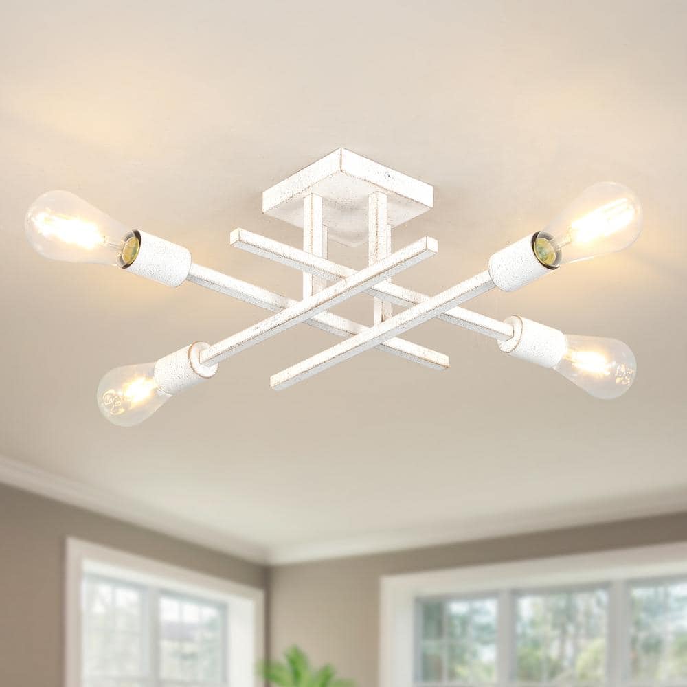 18.11 in. 4-Light Distressed White Modern Sputnik Semi- Flush Mount Ceiling Lights with No Bulbs Included - Hercitys