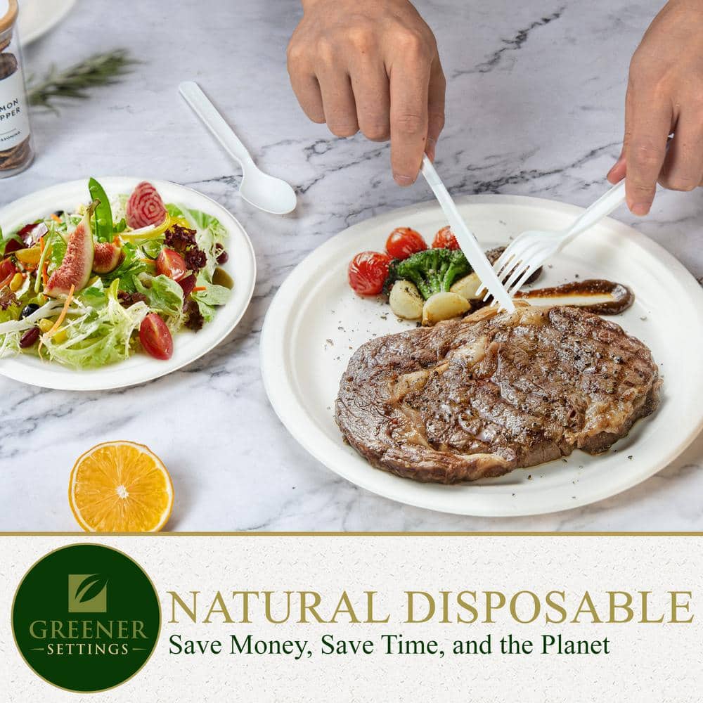 10/7 in. White Compostable Disposable Paper Plate Set Plus Cutlery [25 Guest Service] - Hercitys
