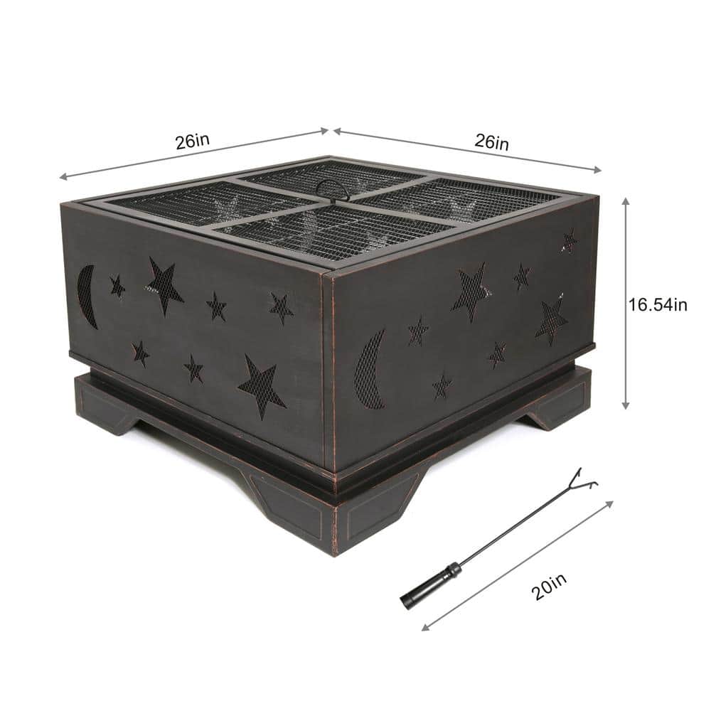 26 in. Bronze Steel Outdoor Fire Pit with Poker and Grill Rack - Hercitys