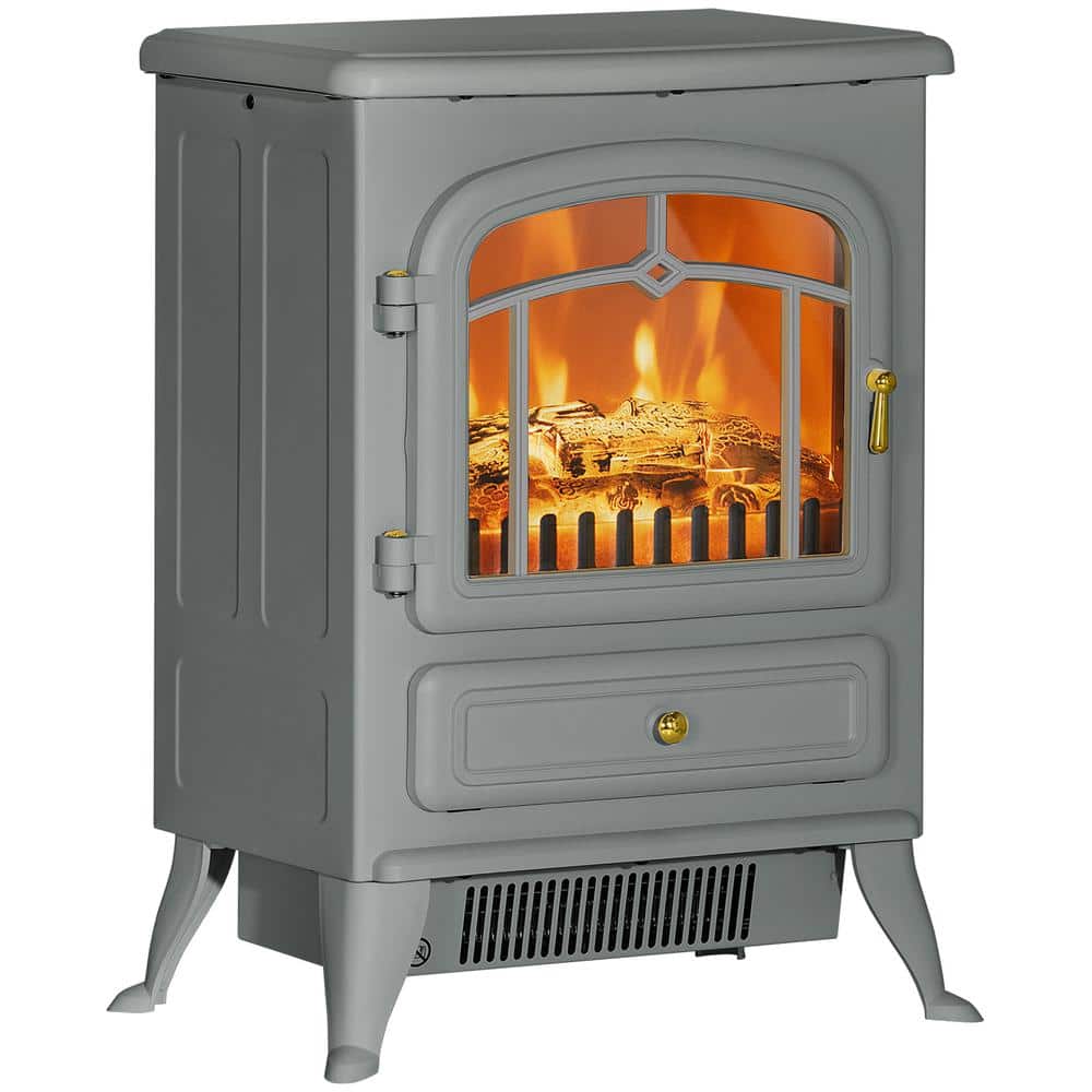 16.25 in. Freestanding Electric Fireplace Heater with Realistic LED Flames in Gray - Hercitys