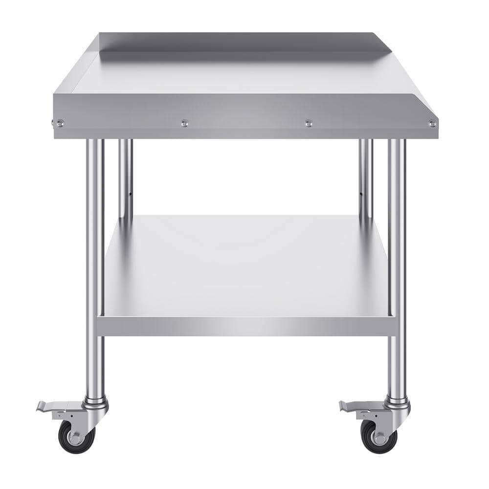 30 x 36 x 30 in. Stainless Steel Work Table, Commercial Food Kitchen Prep Table, 4 Wheels, Casters, 3-Sided Backsplash - Hercitys