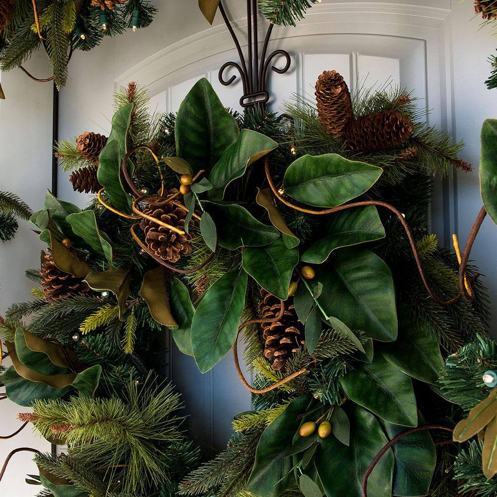30 in. Artificial Pre-Lit LED Magnolia Leaf Wreath - Hercitys