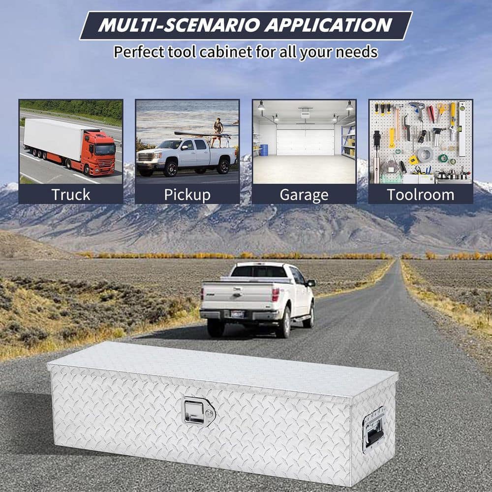 35.4 in. Silver Aluminum Truck Tool Box with Sliding Shelf, Side Handle and Lock Keys - Hercitys