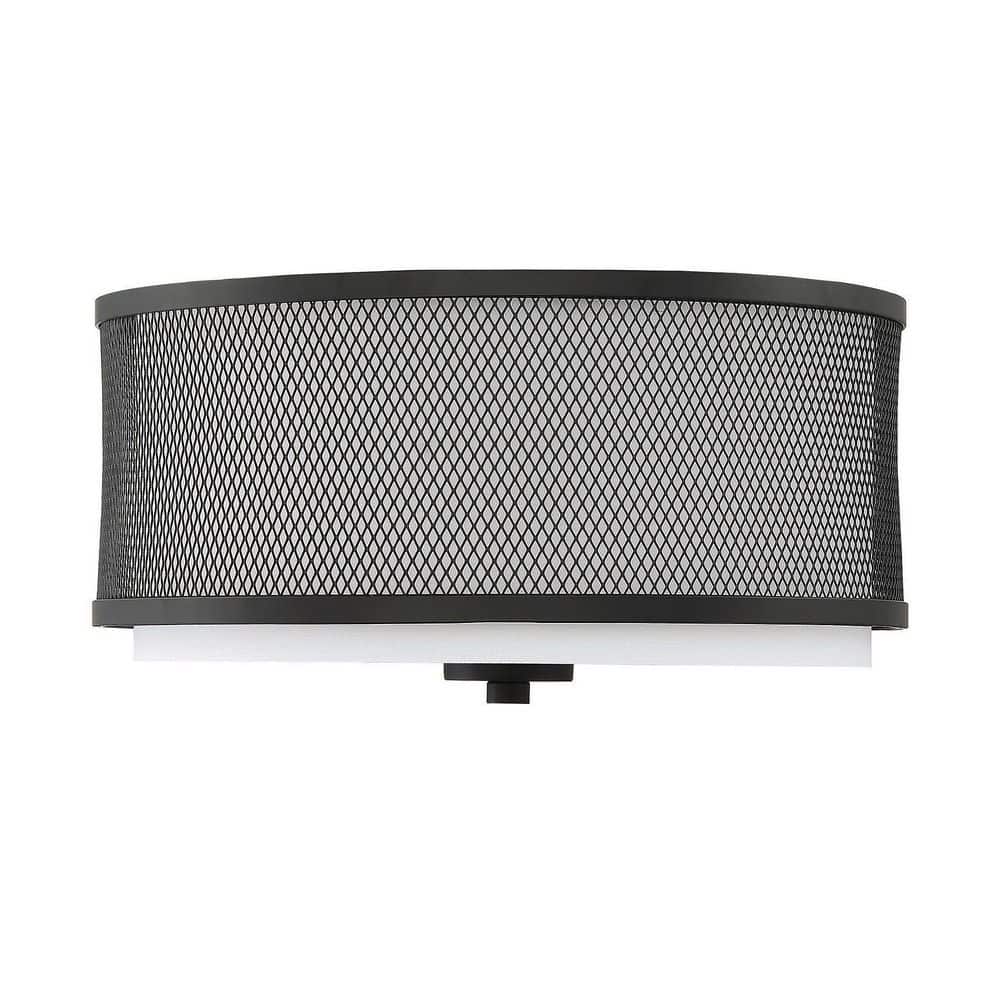 14.75 in. W x 6.25 in. H 3-Light Matte Black Flush Mount Ceiling Light with White Fabric Shade and Metal Mesh Frame - Hercitys