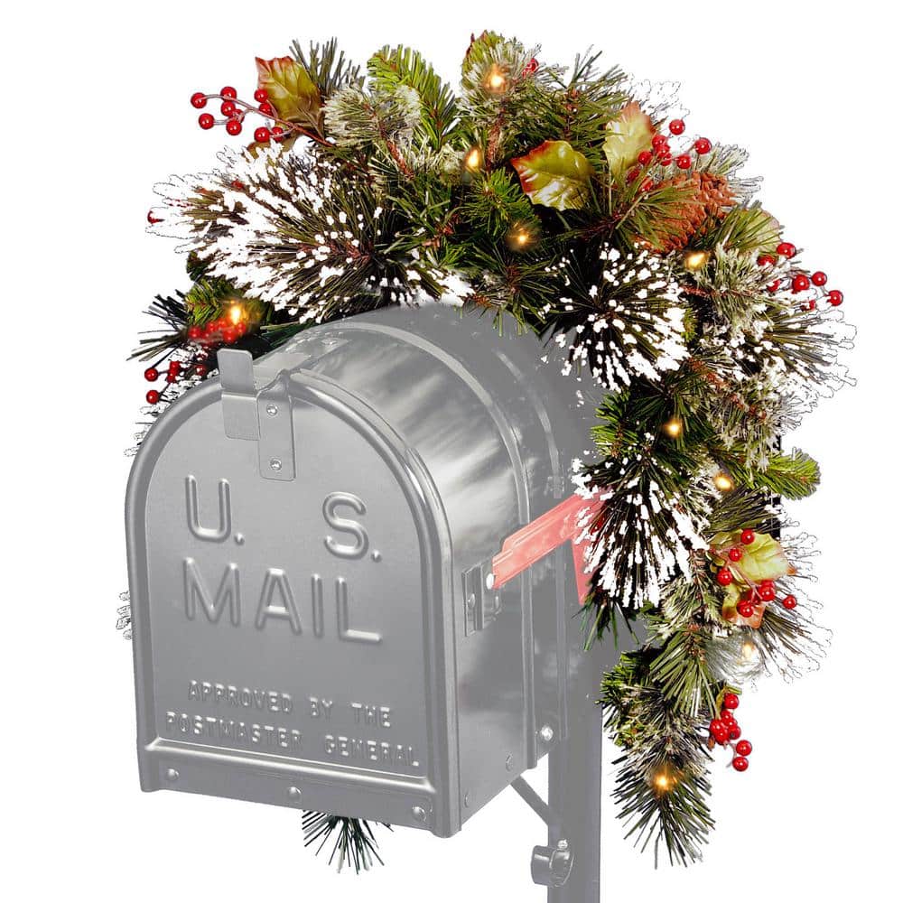 36 in. Wintry Pine Mailbox Swag with Battery Operated Warm White LED Lights - Hercitys