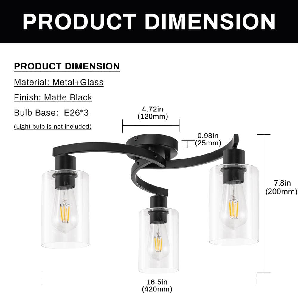 11.8 in. 3-Light Semi-Flush Mount Ceiling Light, Matte Black Bedroom Light Fixtures with Clear Glass Shades - Hercitys