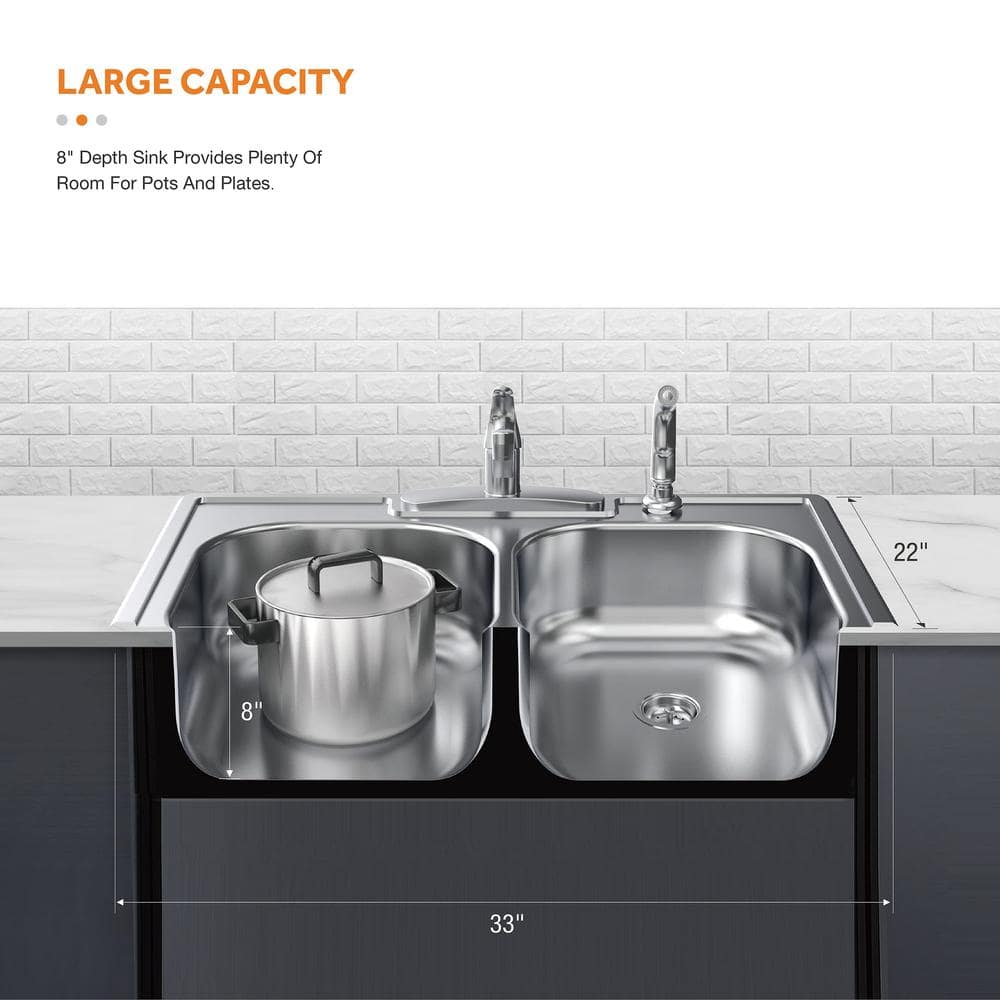 33 in. Drop-In 50/50 Double Bowl 20 Gauge Stainless Steel Kitchen Sink - Hercitys