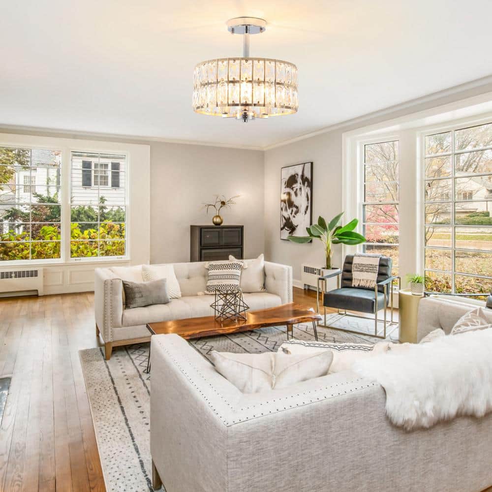 12.59 in. 3-Light Chrome and French Gold Modern Drum Semi-Flush Mount Light With Clear Crystal Glass Shade - Hercitys