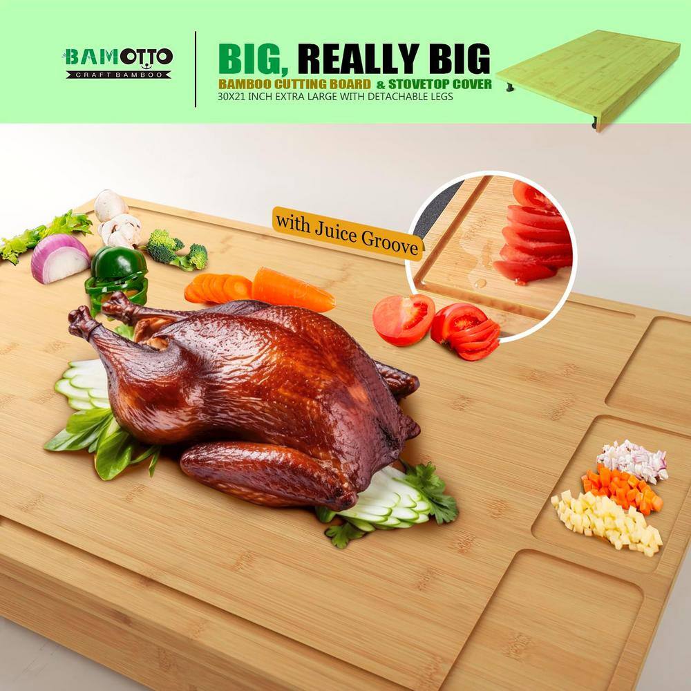 30 x 21 in. Rectangular Extra Large Bamboo Cutting Board Detachable Legs, Juice Groove Kitchen Counter Sink - Hercitys