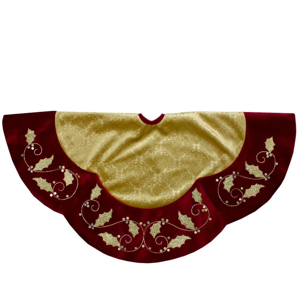 48 in. Gold and Burgundy Velvet Christmas Tree Skirt - Hercitys